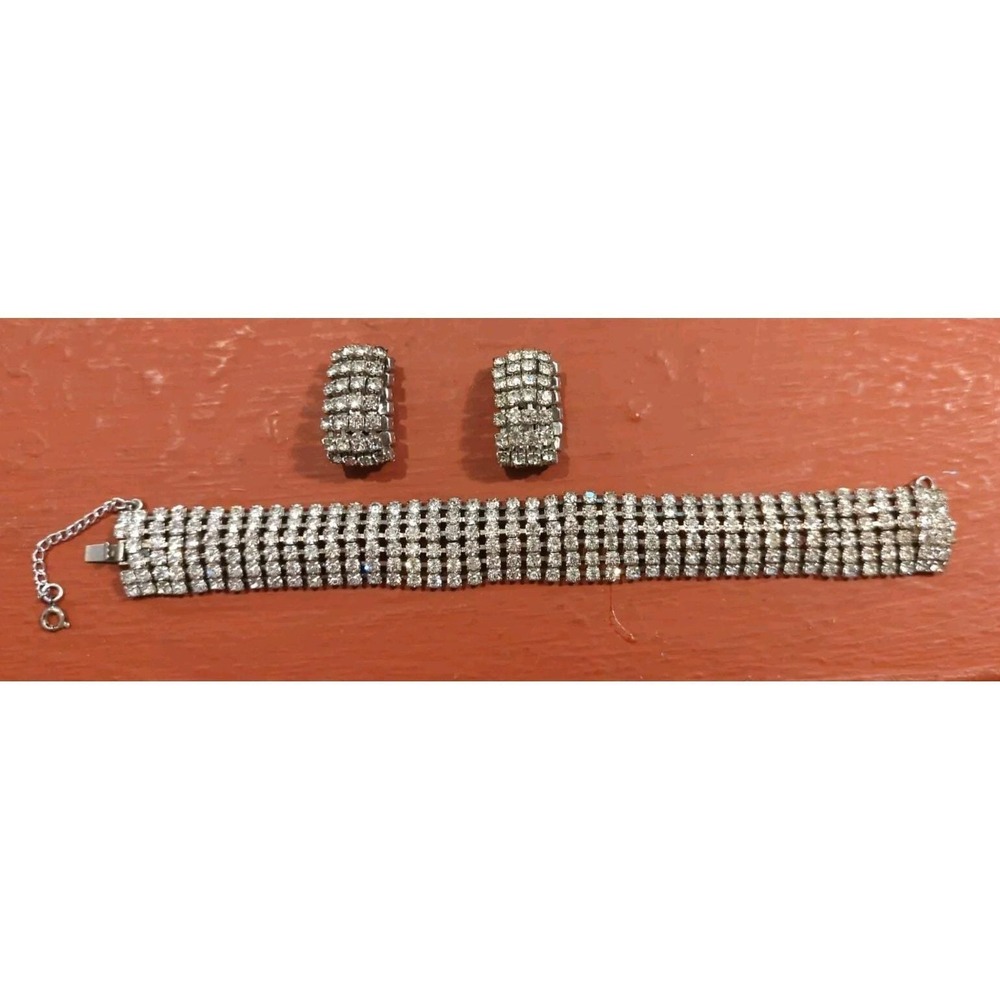 VINTAGE JEWELRY 1950's Gorgeous RHINESTONE BRACELET & Clip On Earrings Set
